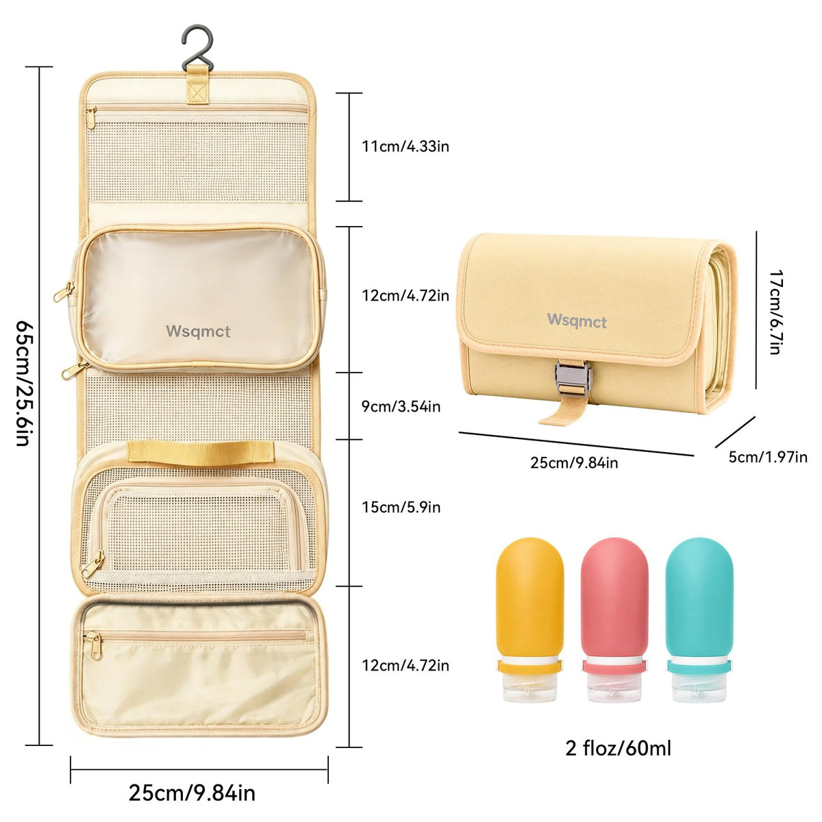 Travel Toiletry Bag Waterproof Hanging Cosmetic Organizer with 3 Bottles