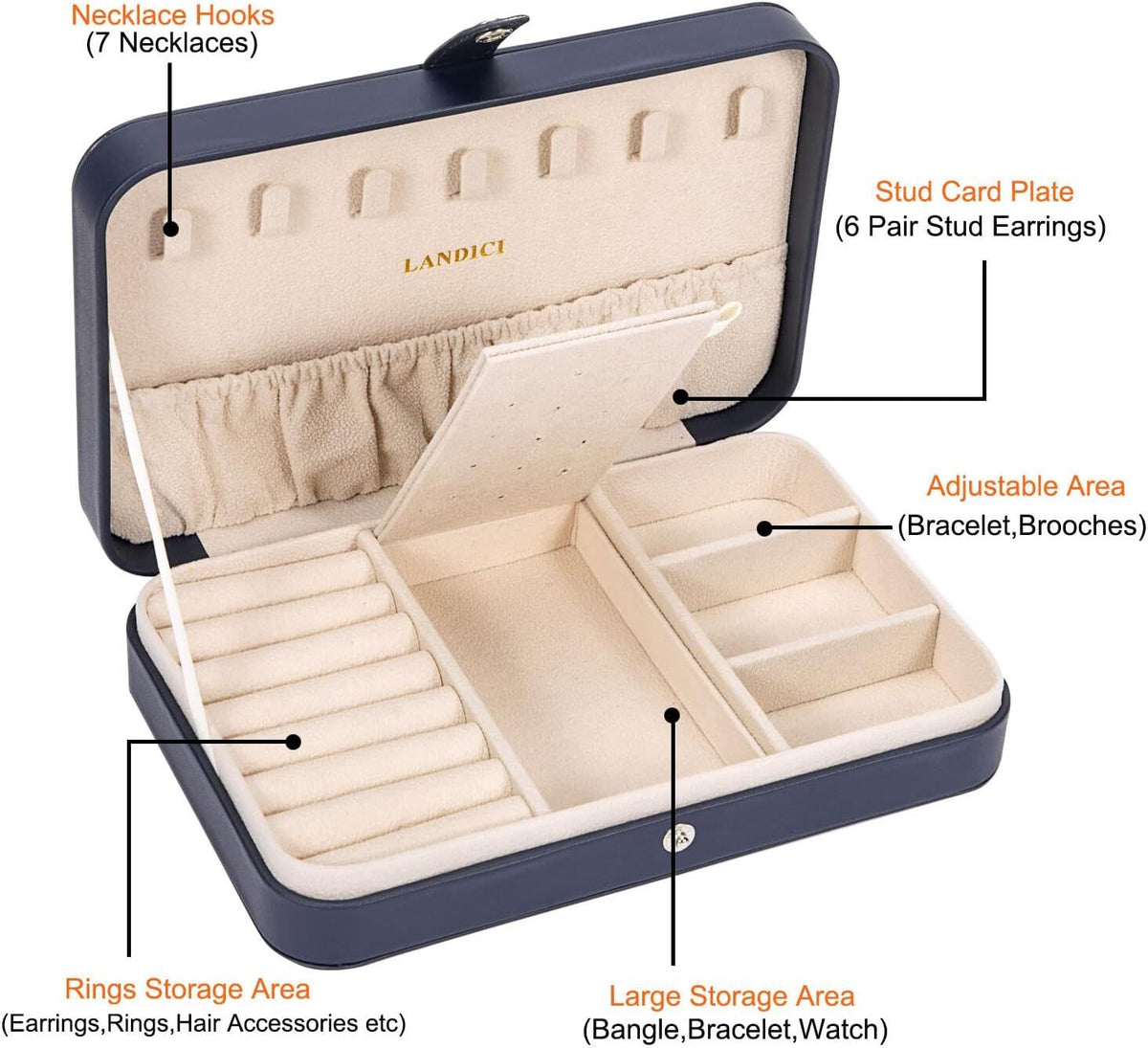 Small Jewelry Box for Women with 3 Compartments Dark Blue Leather Velvet