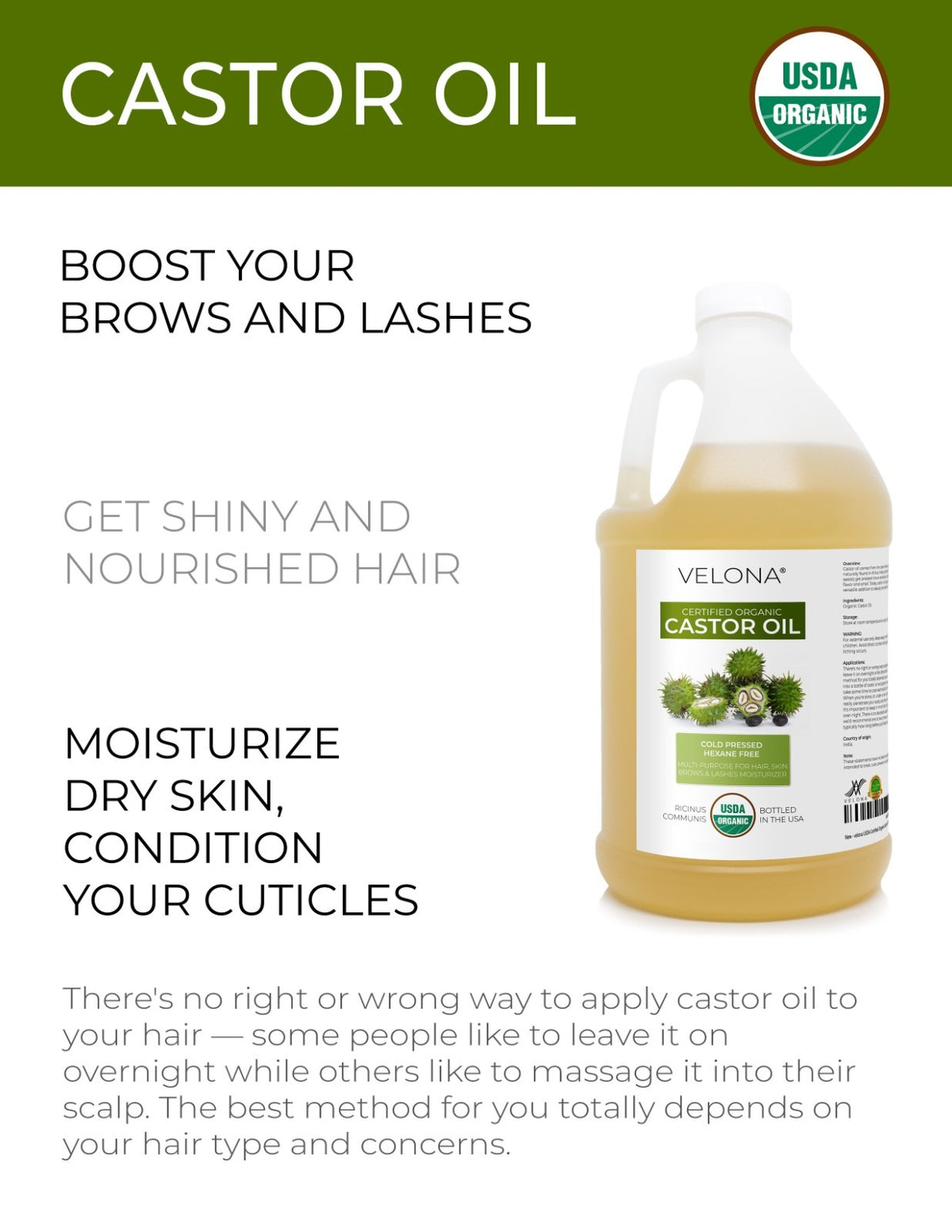 Organic Castor Oil for Hair & Skin - 2 Fl Oz to 1 Gallon, USDA Certified