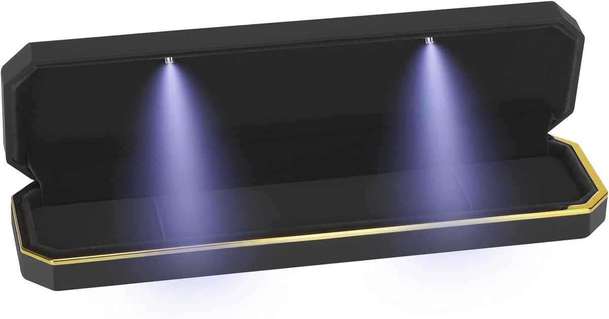 LED Necklace with Long Chain and Lighted Jewelry Box - Black