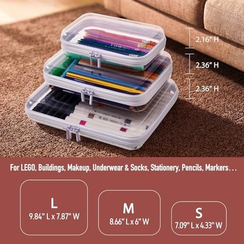 Transparent Hard Shell Zipper Organizer Cases 3-Pack L M S Storage Pouches