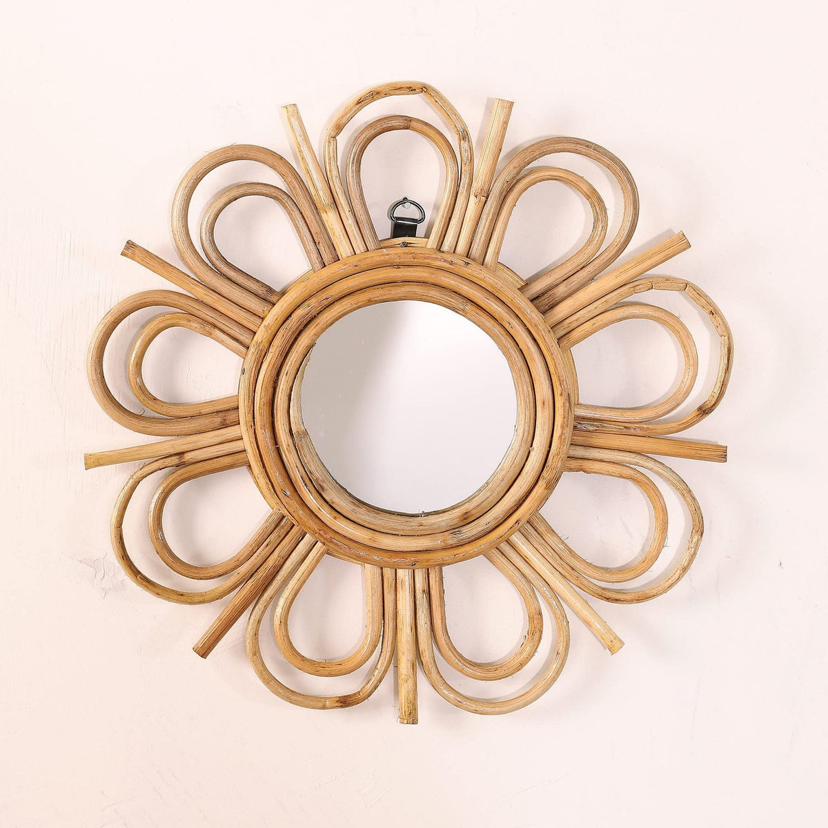 Flower Mirror - Rustic 10 Inch Round Wall Decor with Rattan Frame