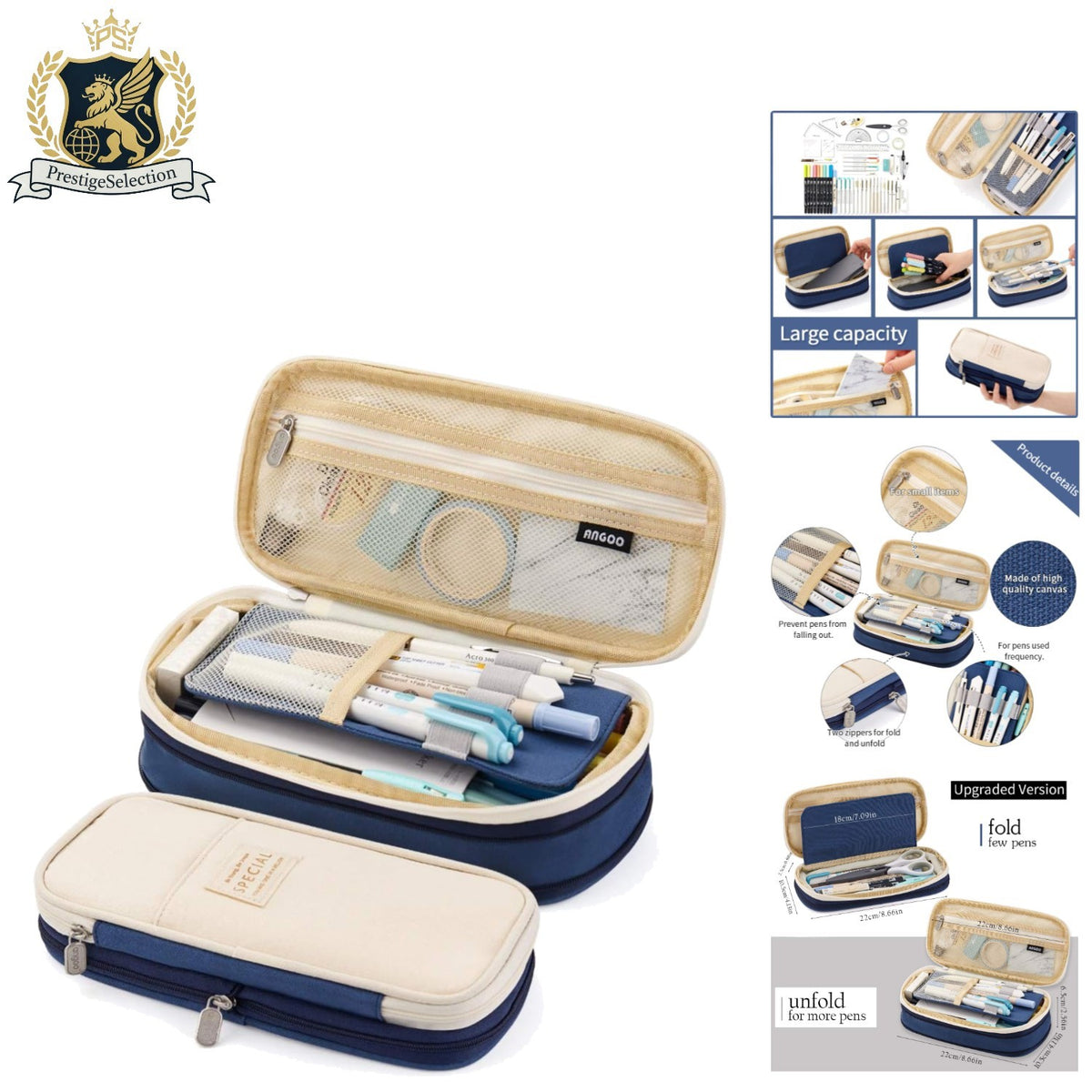 Multi-Function Blue Pen Case with 3 Compartments Travel Organizer