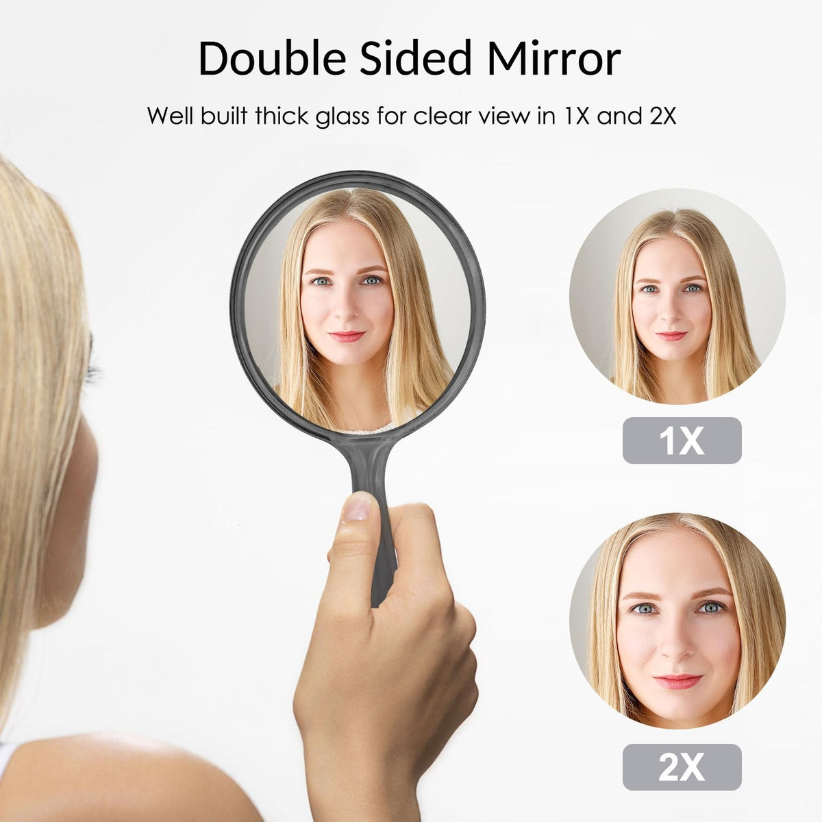 Double Sided Handheld Mirror with Handle - 2X Magnification, Large Size
