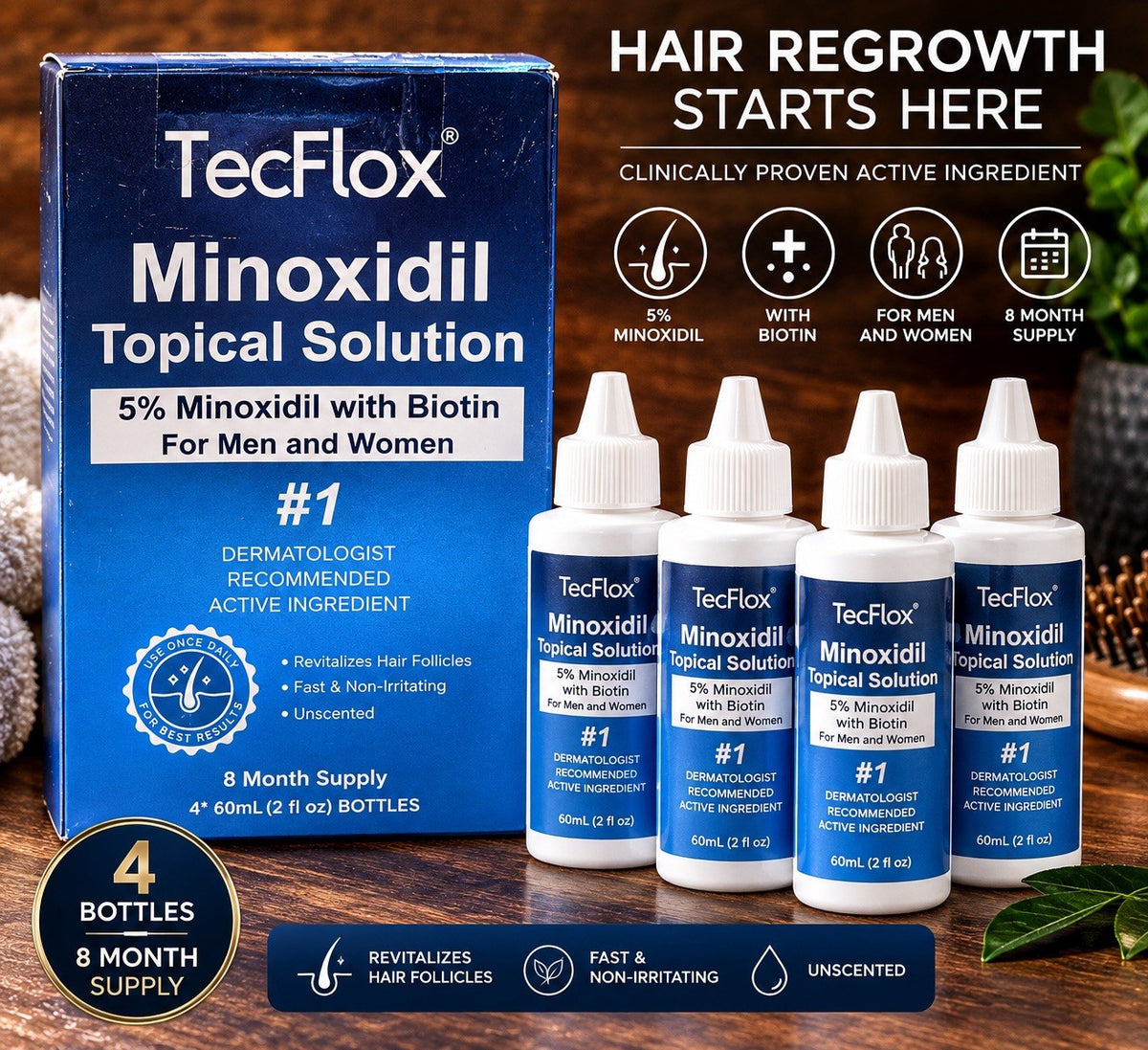Minoxidil 5% with Biotin Hair Regrowth Solution - 4 Pack