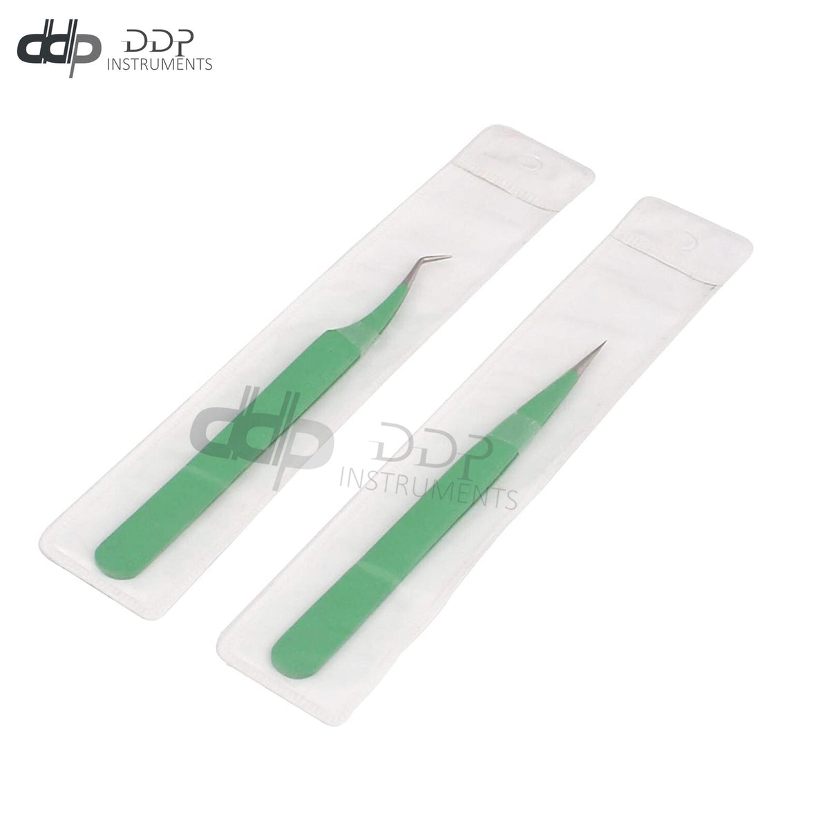 Eyelash Extension Tweezers Pack of 2 - Straight & Curved Tip, Stainless Steel, Green