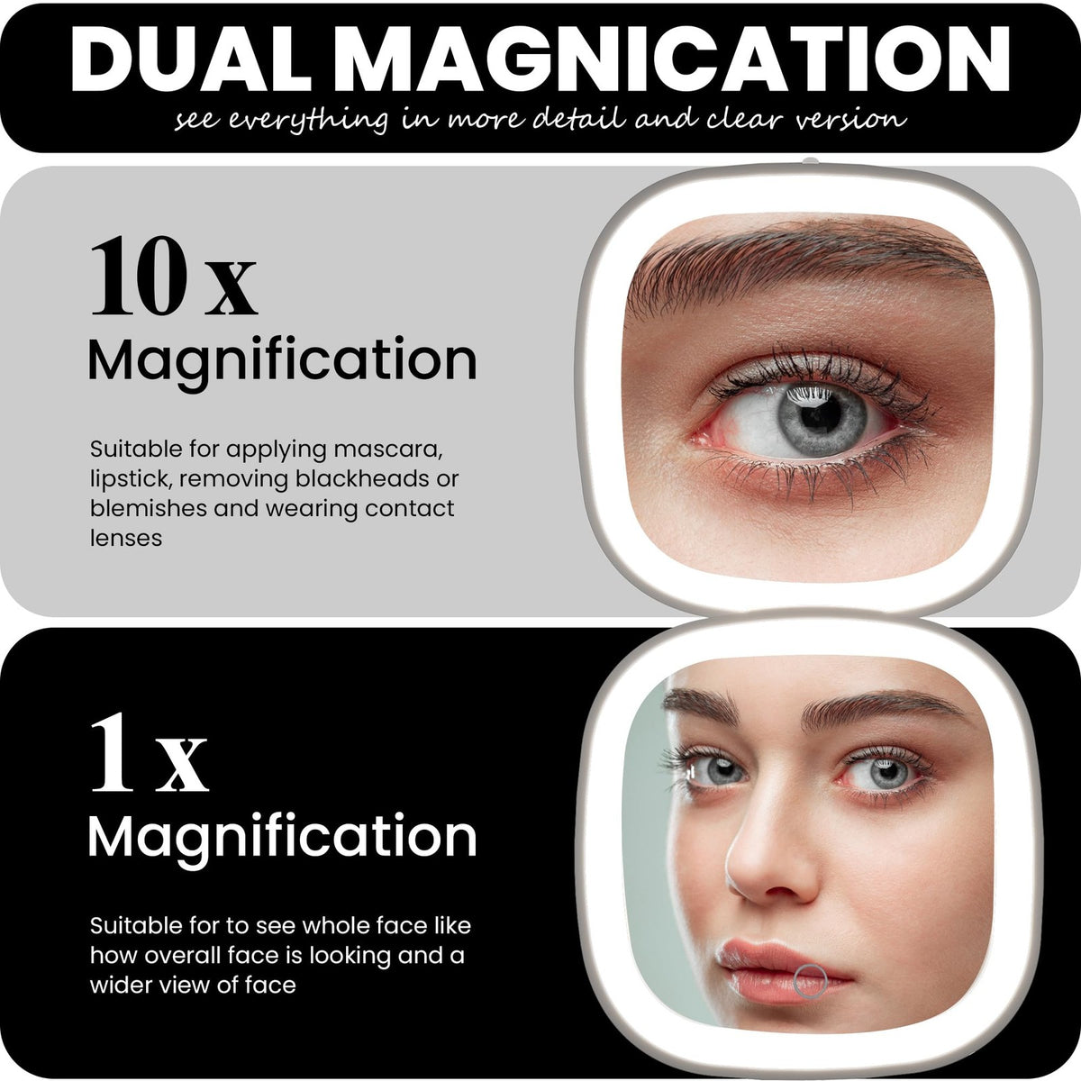 Compact LED Makeup Mirror with 1X & 10X Magnification, Auto Sensor, Travel Size
