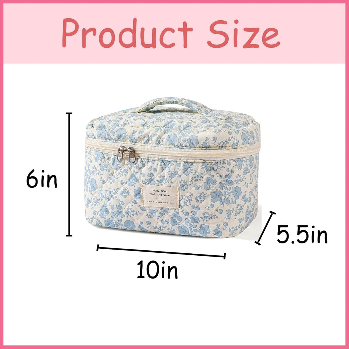Large Floral Quilted Makeup Bag for Women, Travel Cosmetic Organizer