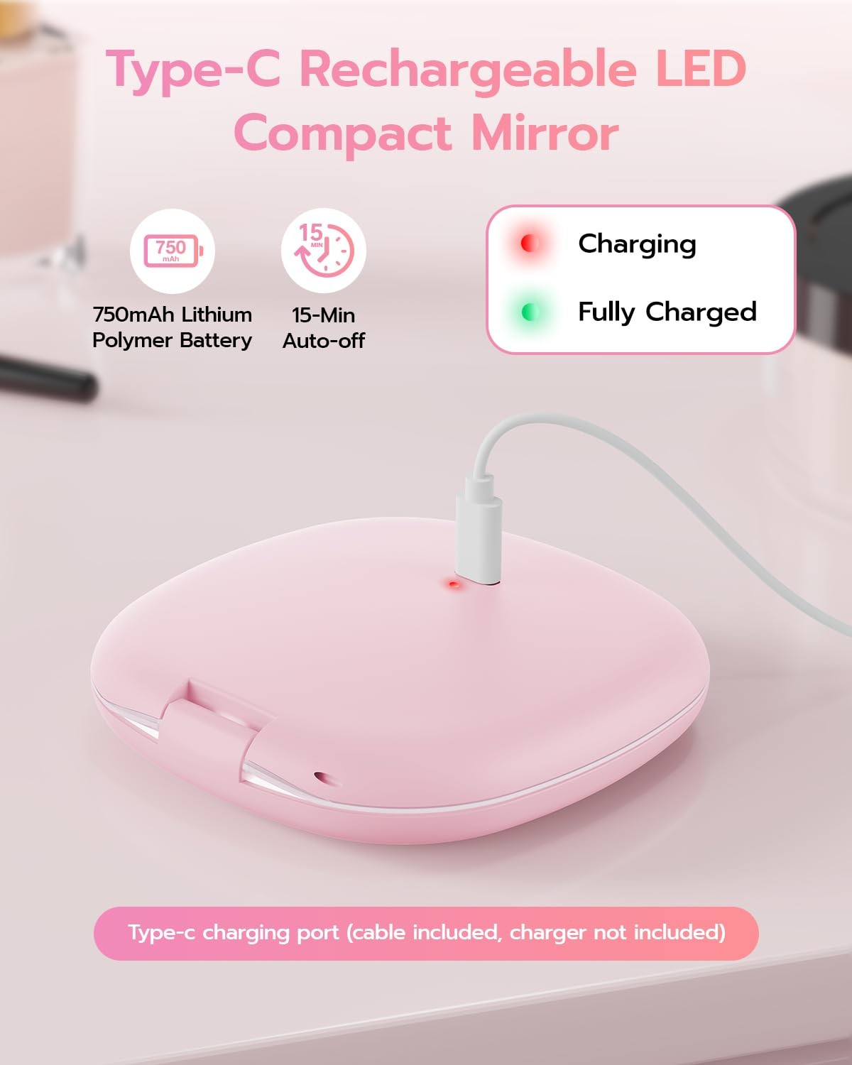 Rechargeable 3-Color LED Lighted Compact Makeup Mirror with 1X/10X Magnification