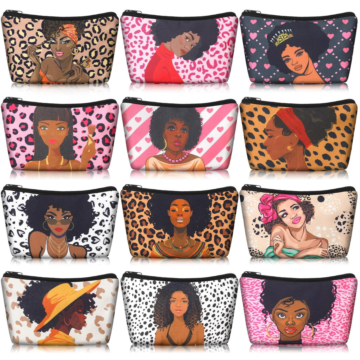 12-Piece Black Women Makeup Bag Set with Leopard Print – Travel & Cosmetic Pouches