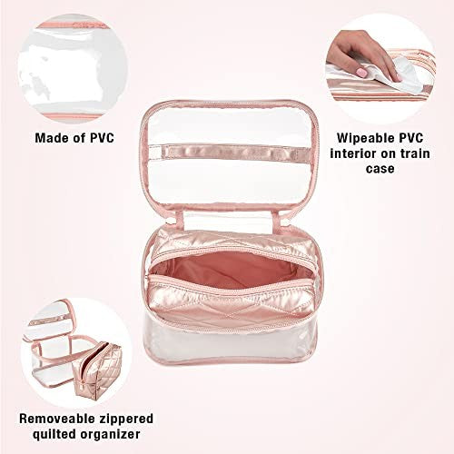 Pink Makeup Train Case Set with Clear Walls and Organizer