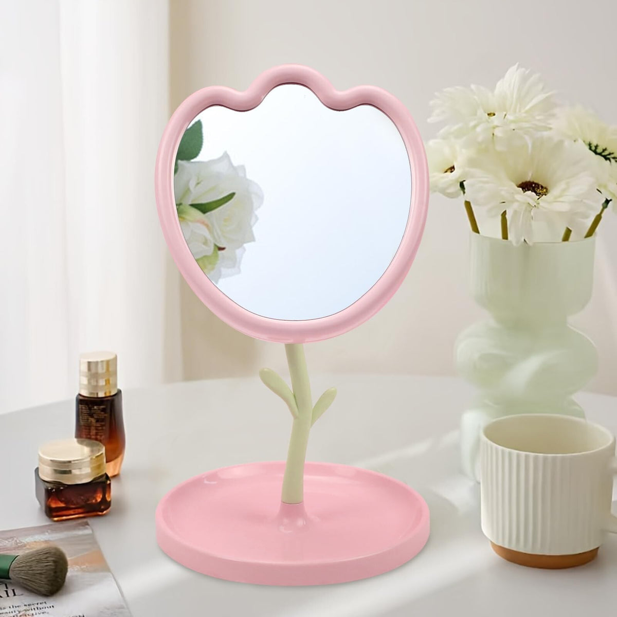 Flower Shaped Tabletop Vanity Mirror with Tray - Pink Compact Makeup Mirror