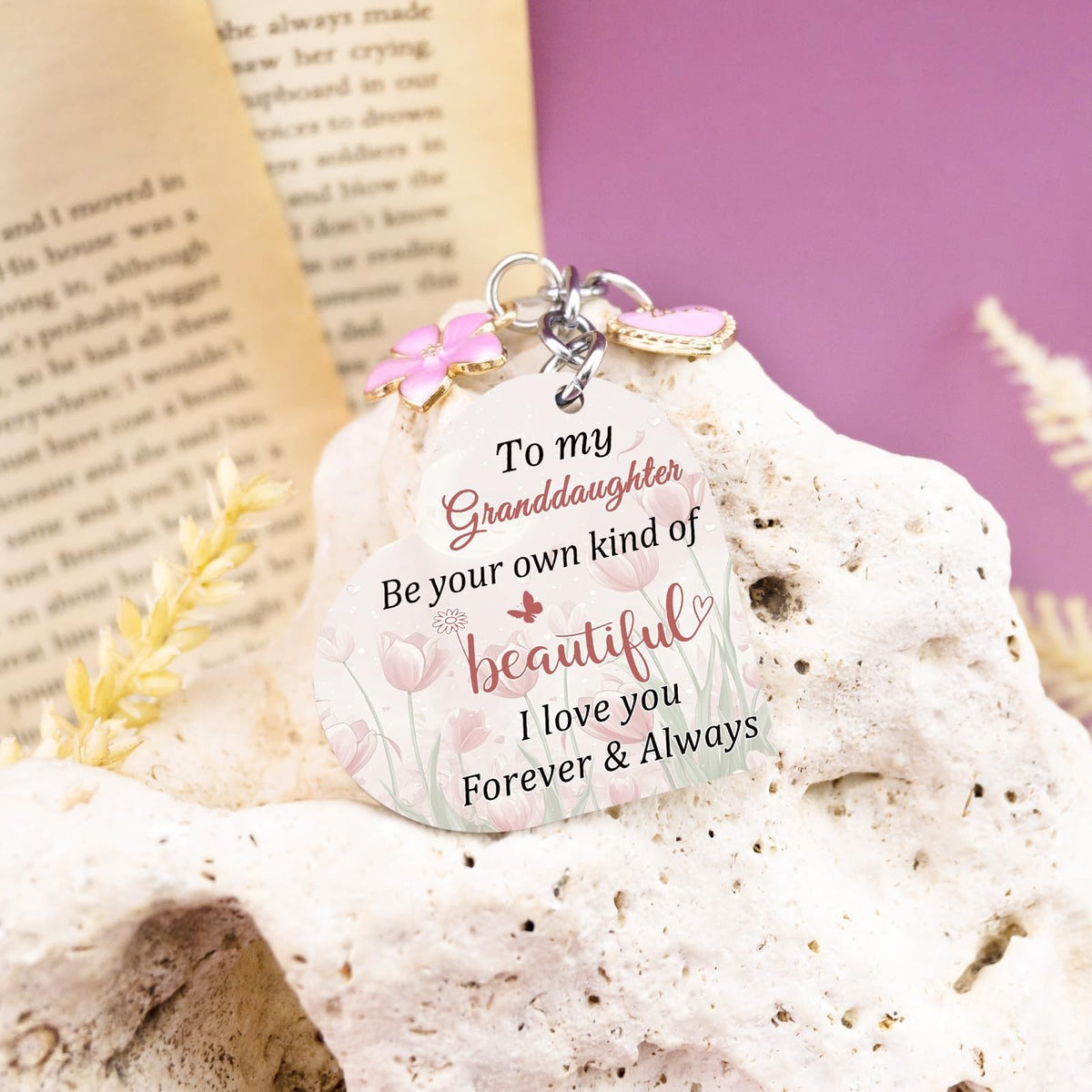 Cute Granddaughter Keychain from Grandma - Personalized Gift, Pink, Lightweight Stainless Steel