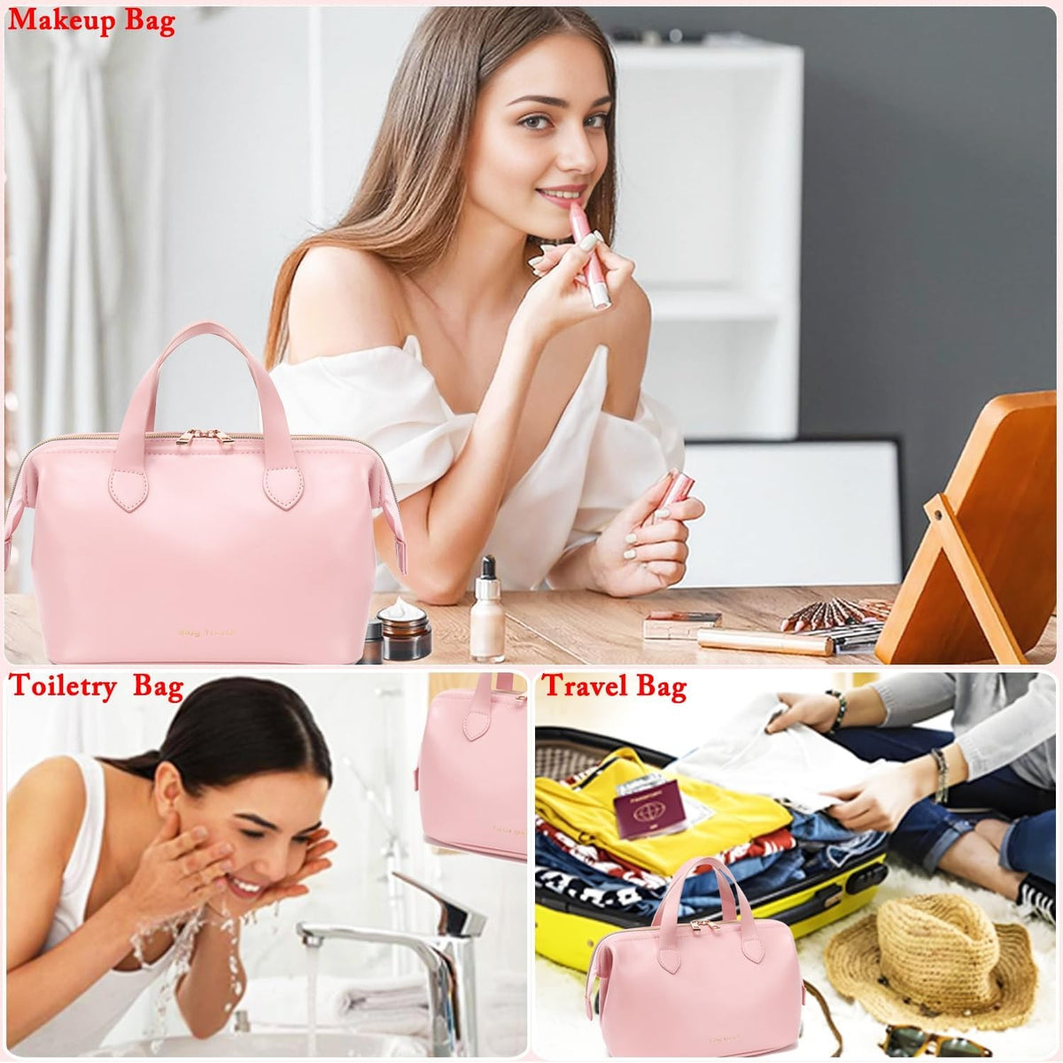 Travel Makeup Bag Waterproof PU Leather Wide Opening Cosmetic Organizer