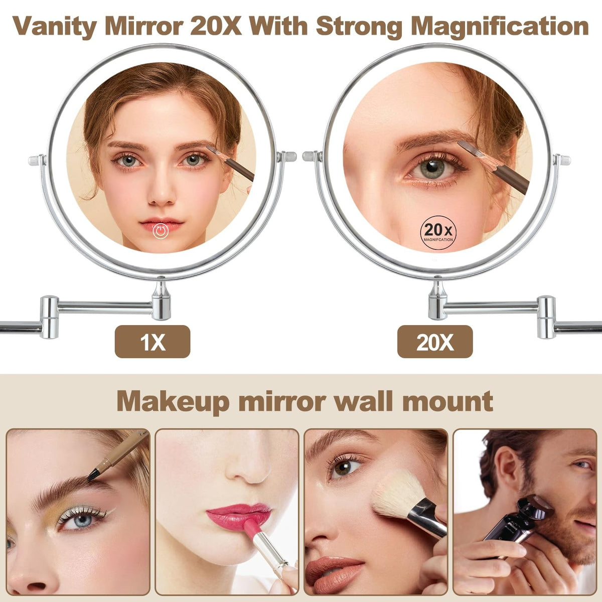 Rechargeable Lighted Wall Mount Makeup Mirror with 20X Magnification, 3 Light Modes