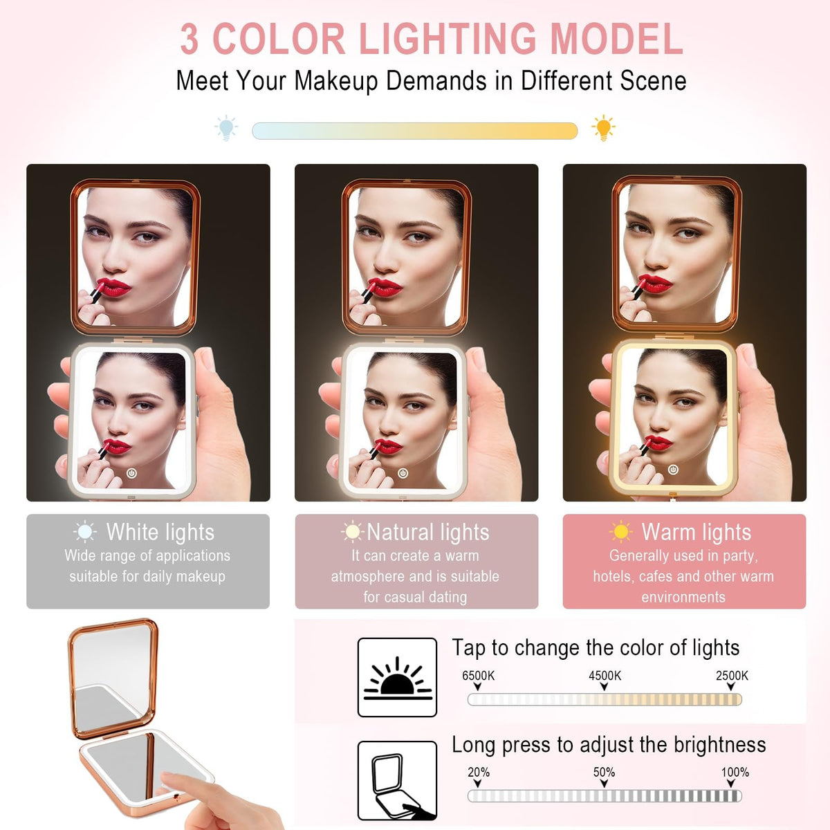 Lighted Compact Pocket Mirror with Magnification for Travel & Makeup
