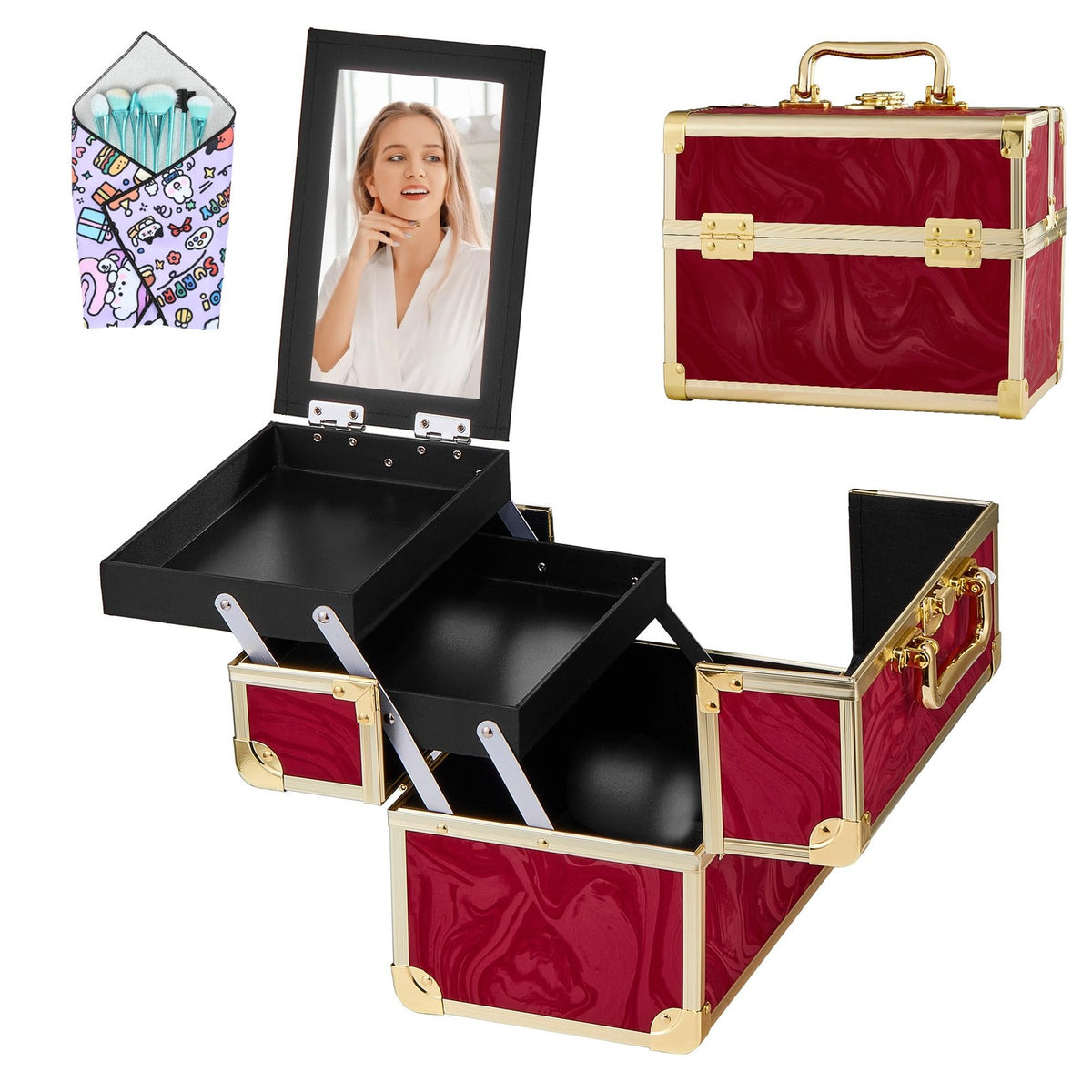 Portable Makeup Train Case with Mirror and 2 Trays - Red Travel Cosmetic Organizer