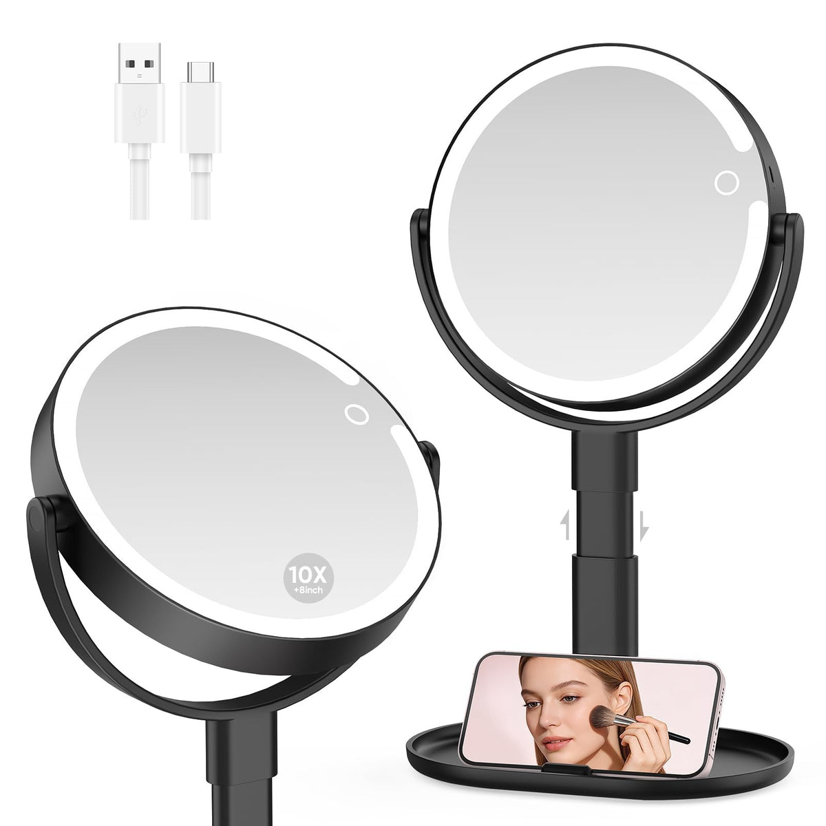 Lighted Makeup Mirror with 10X Magnification, Rechargeable LED, Adjustable Brightness