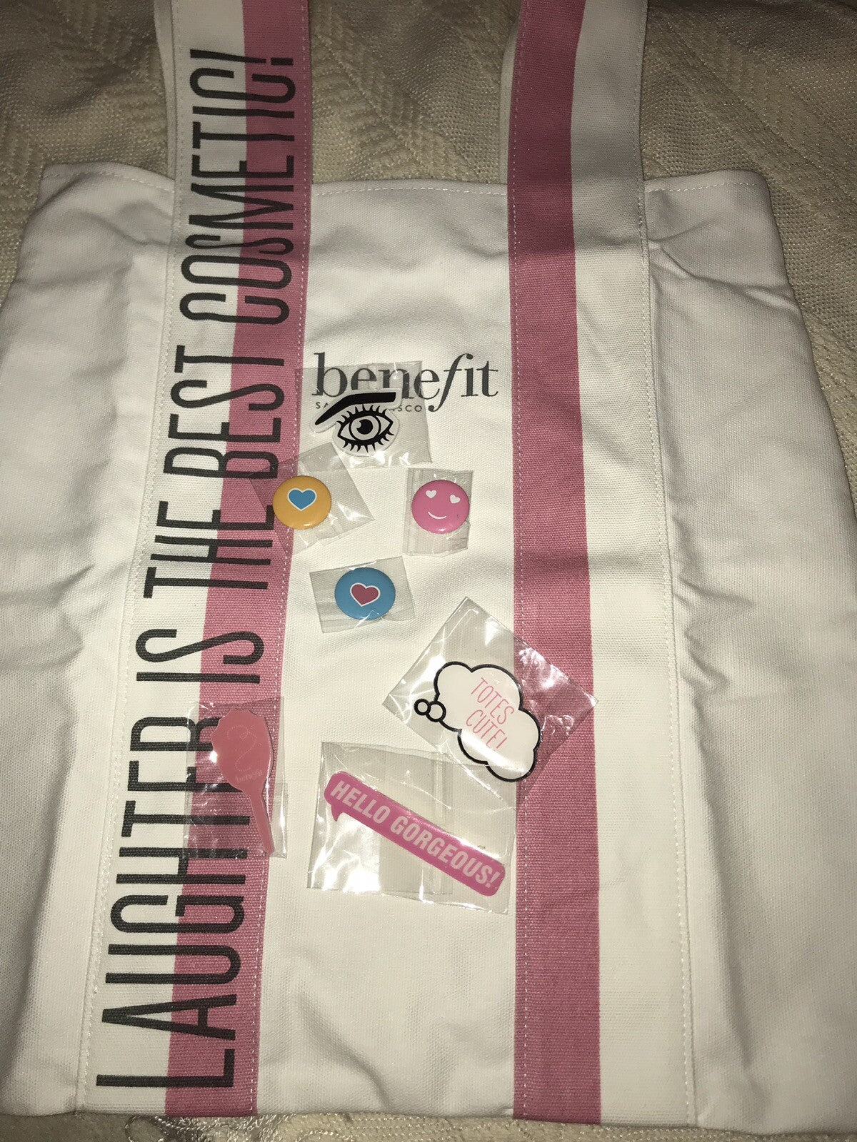 Laughter Is the Best Cosmetic Canvas Tote Bag with Pins - Benefit
