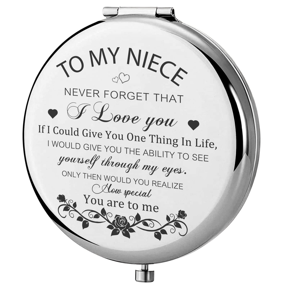 Silver Compact Mirror for Niece from Aunt - Engraved Gift, 2.7 Inch