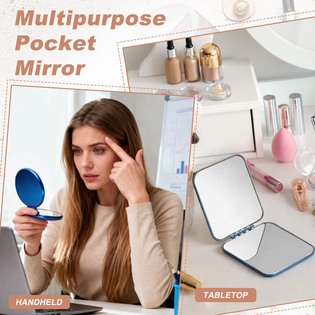 Small Stainless Steel Compact Pocket Mirror Square Silver for Travel & Makeup