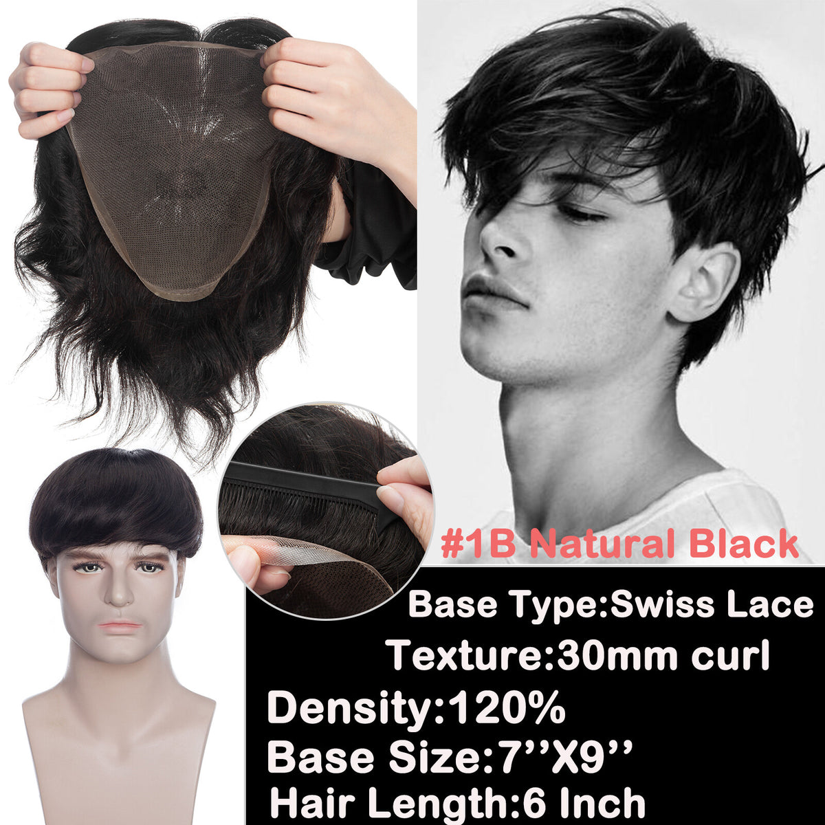 Men's Hair Replacement System Toupee with Skin-Like PU Base - Human Hair