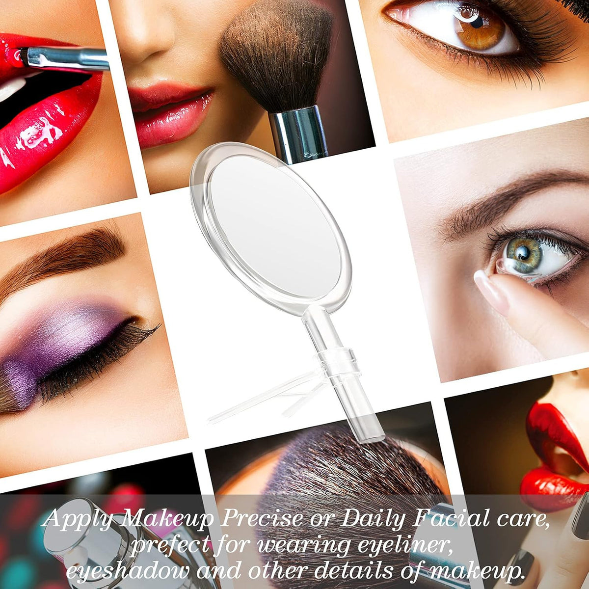 Double-Sided Hand Makeup Mirror with Stand 1x/10x Magnification Portable