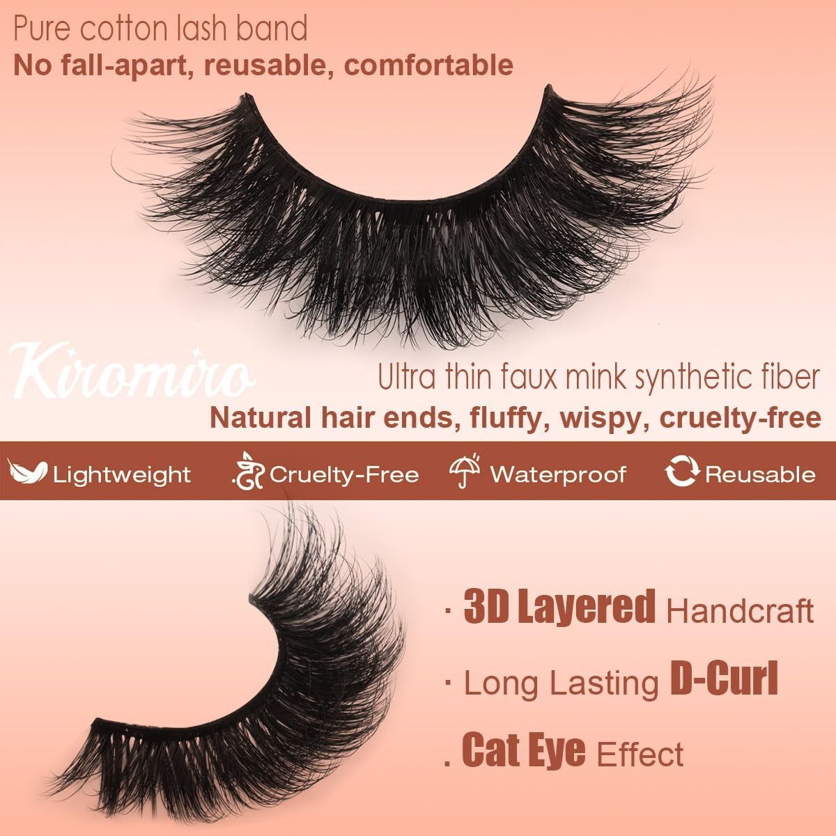 18mm 3D Mink False Eyelashes Cat Eye Volume Strip Lashes - Reusable