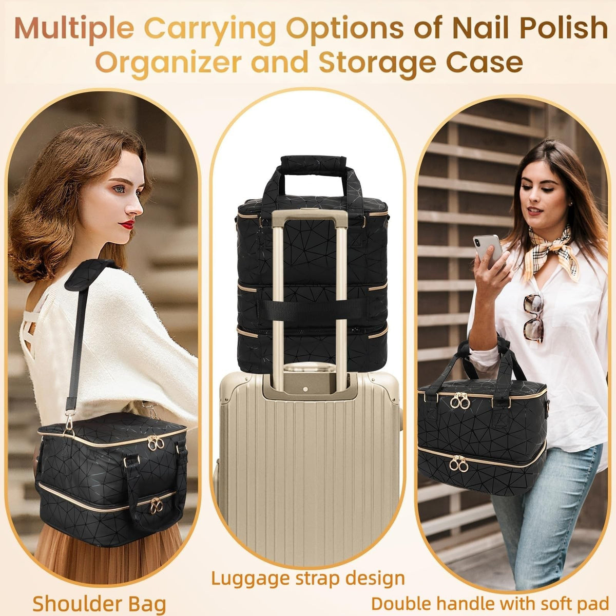 Nail Polish Organizer Bag for 84 Bottles & Lamp, 3-Layer Portable Storage Case