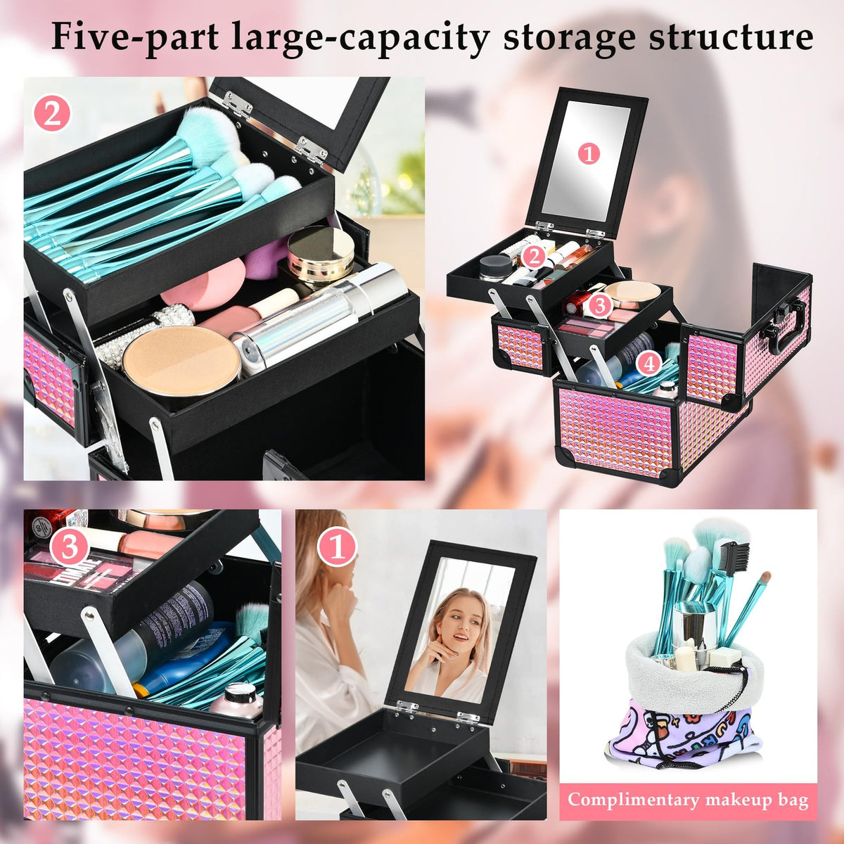 Portable Makeup Train Case with Mirror and Storage Compartments - Black Bright Pink