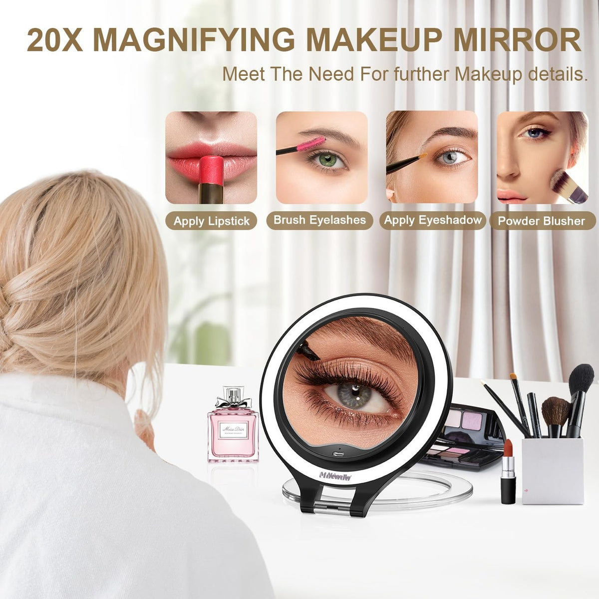 Travel Lighted Makeup Mirror 1X/20X Magnification Dimmable LED Black