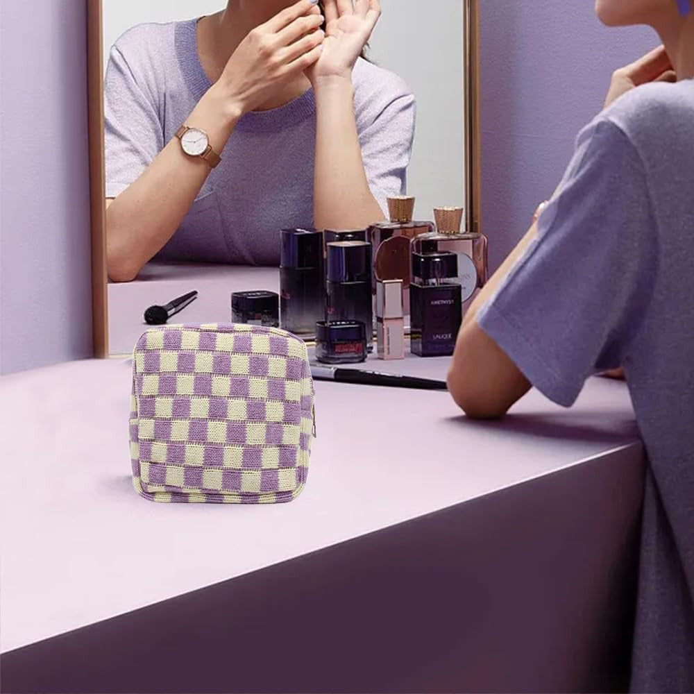 Mini Checkered Cosmetic Bag for Women - Purple Makeup Pouch with Zipper