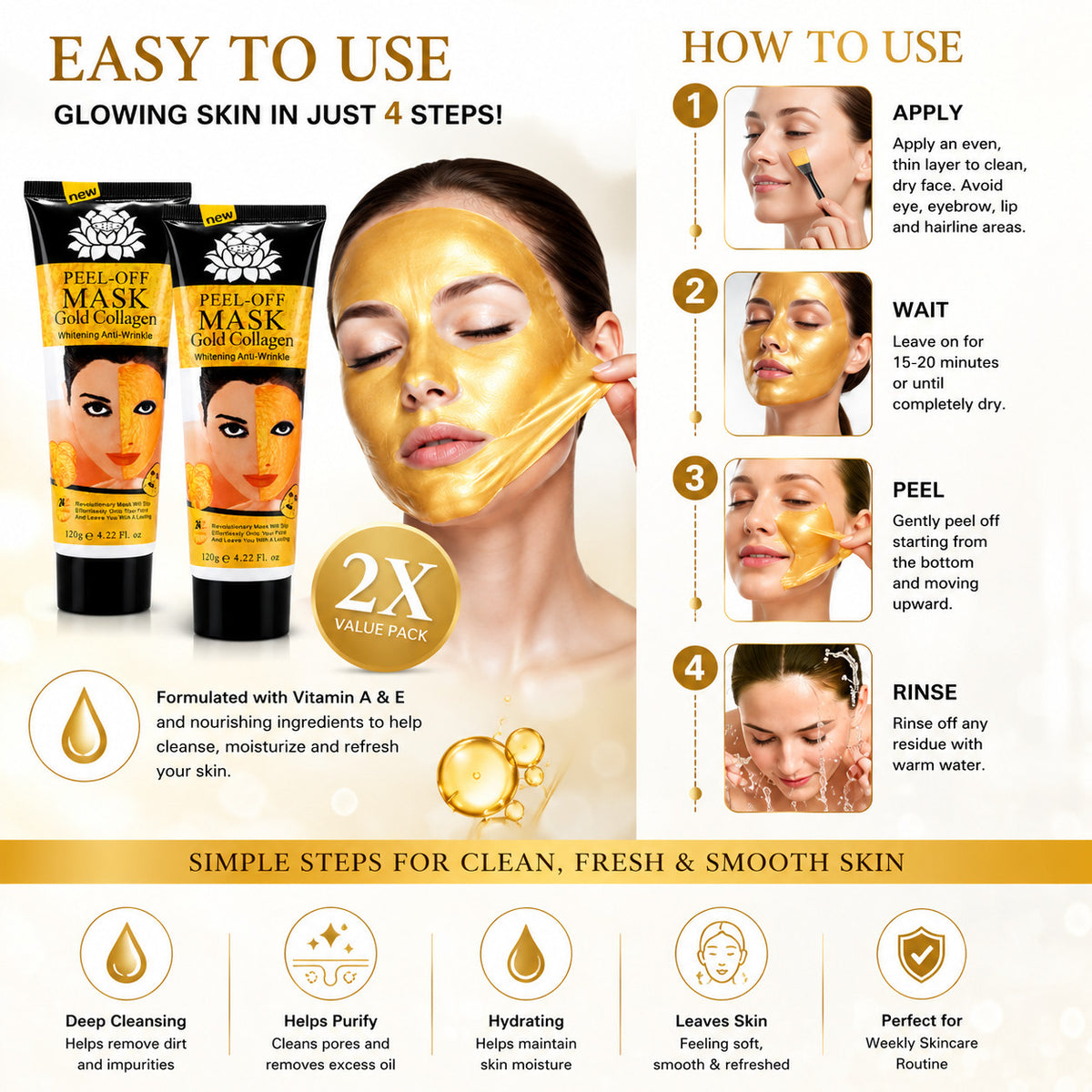Gold Collagen Peel-Off Facial Mask - 2 Pack, 120ml