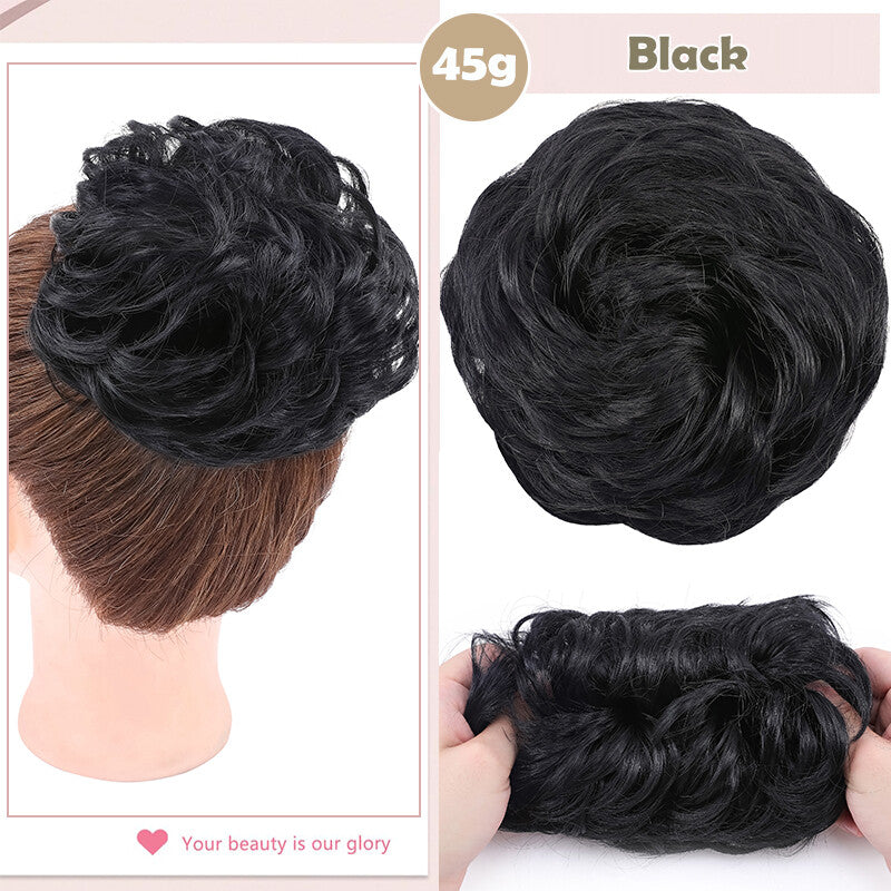 Natural Human Hair Messy Bun Ponytail Extensions with Curly Scrunchie Updo