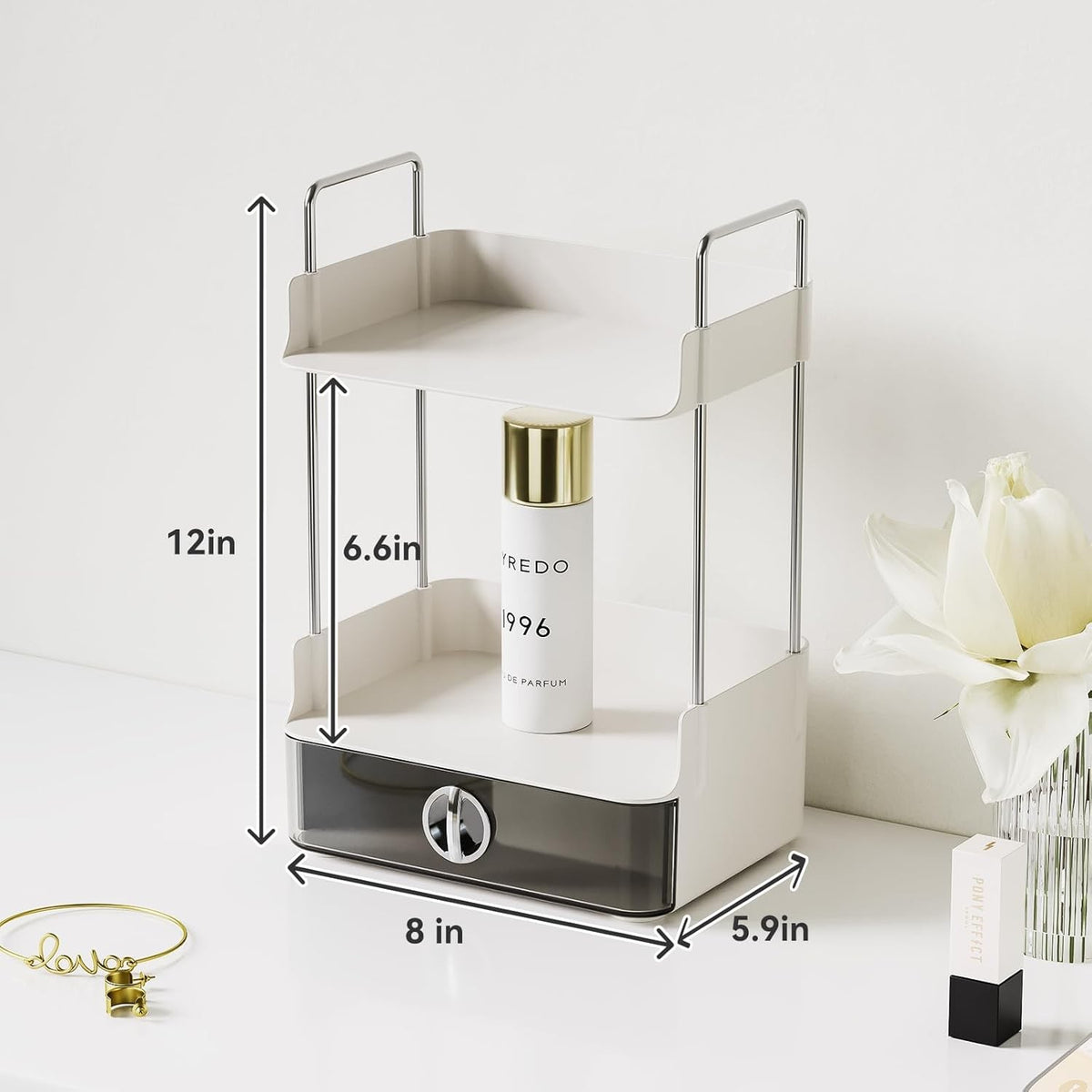 Small Makeup Vanity Organizer with Drawer, 2-Tier Bathroom Countertop Storage