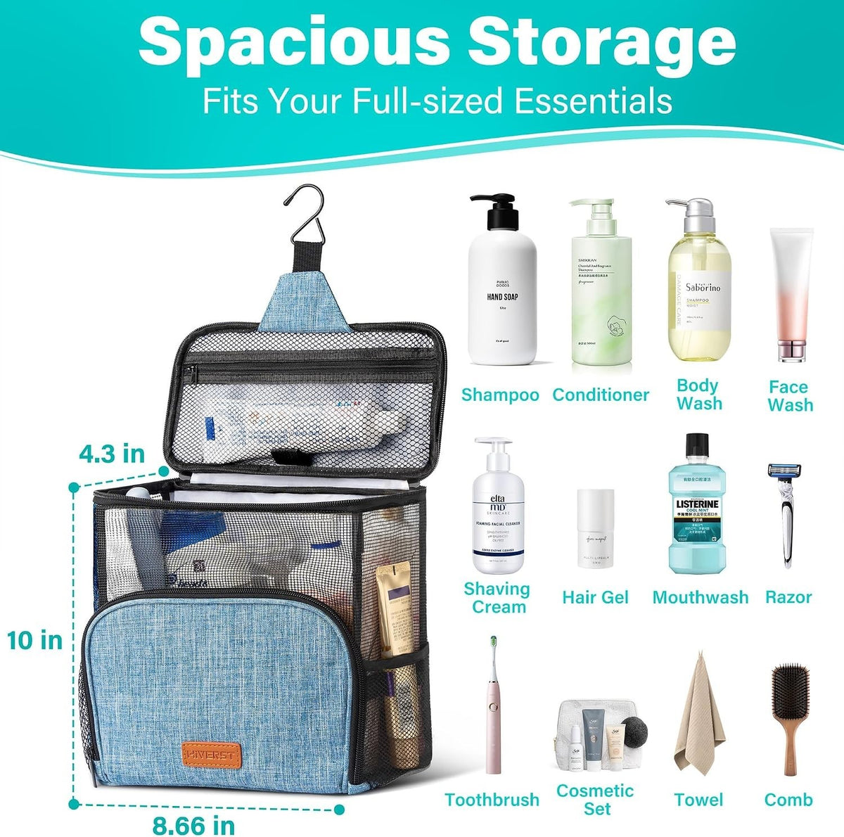 Full Size Waterproof Hanging Toiletry Bag Travel Organizer for College