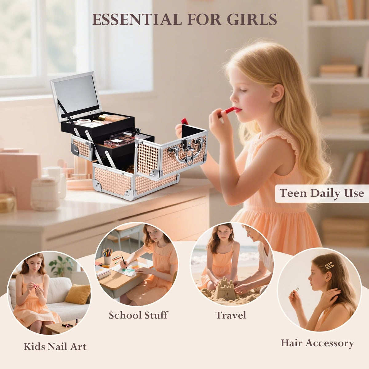 Rose Gold Makeup Organizer Case with Mirror Lockable Portable Storage