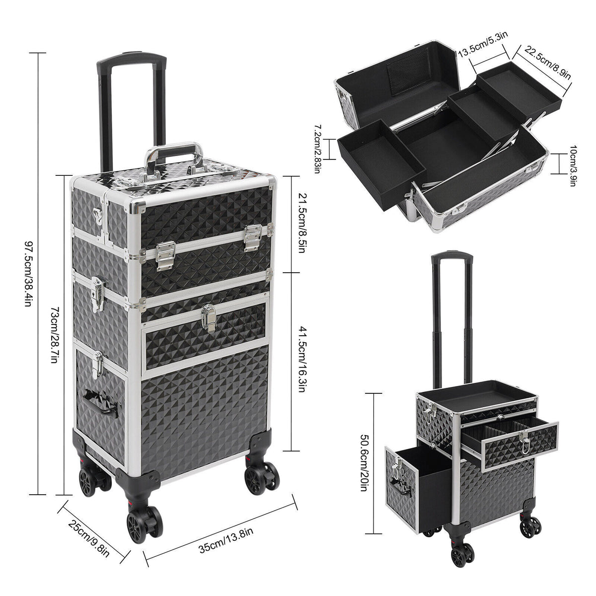 Rolling Makeup Case with Large Capacity Travel Cosmetic Storage Trolley