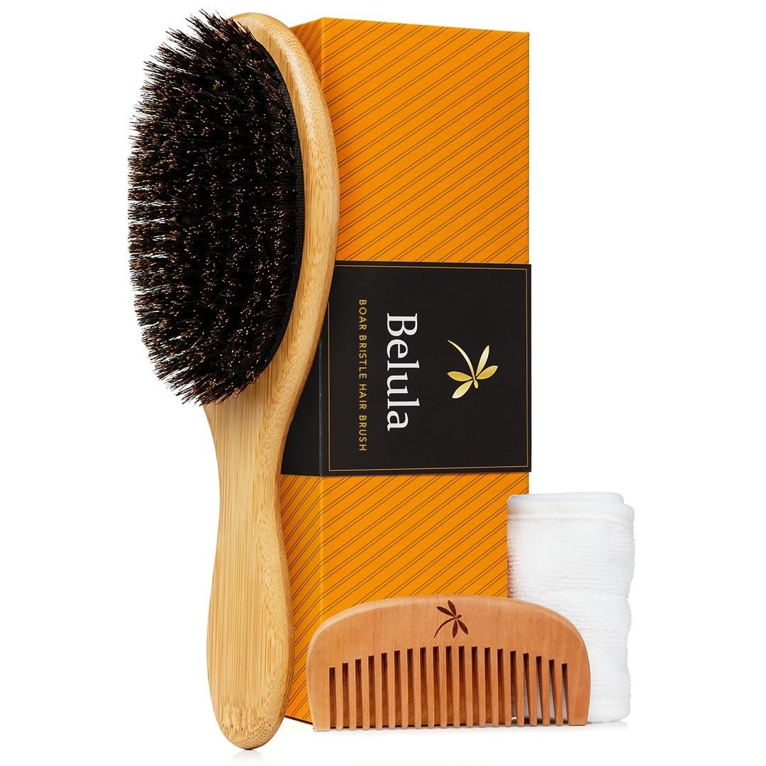 Boar Bristle Hair Brush Set for Fine Hair with Comb & Headband - Natural Shine & Frizz Control