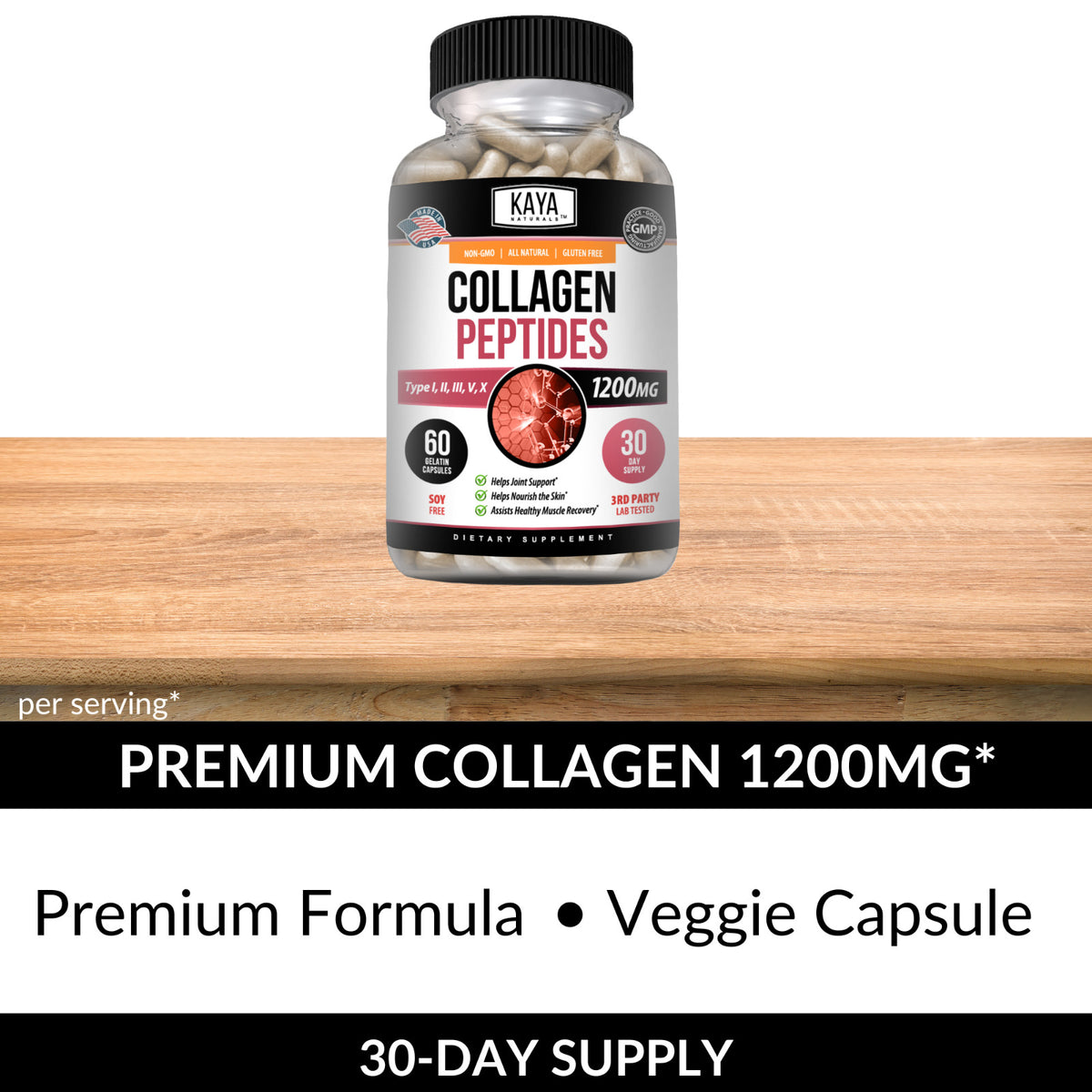 Collagen Peptides Capsules with Hyaluronic Acid - Types I, II, III, V, X 1200mg - 60 Capsules