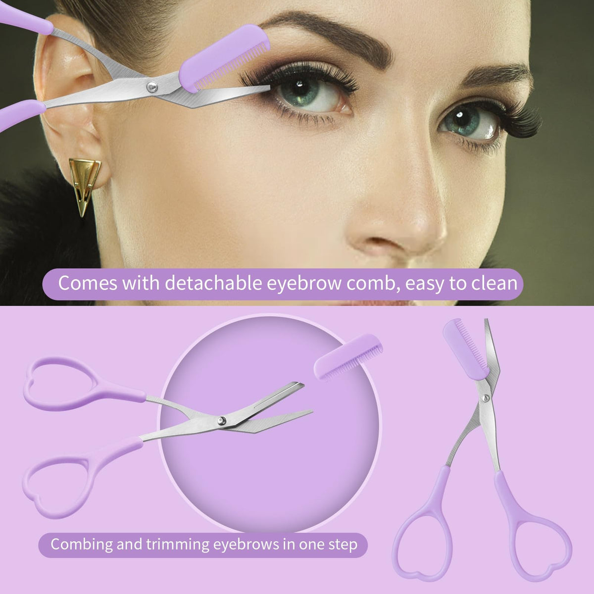 Eyebrow Scissors with Razor and Comb, Light Pink, Green, Purple
