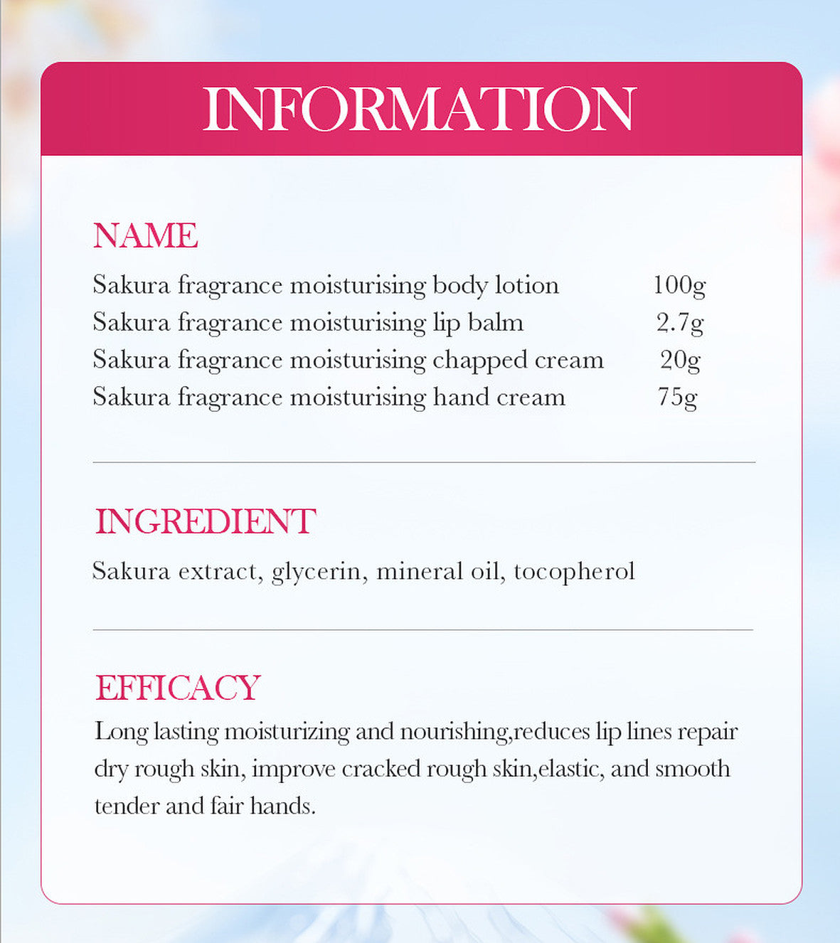 Bioaqua Sakura Fragrance 4-Piece Body Lotion Lip Balm Hand Care Set