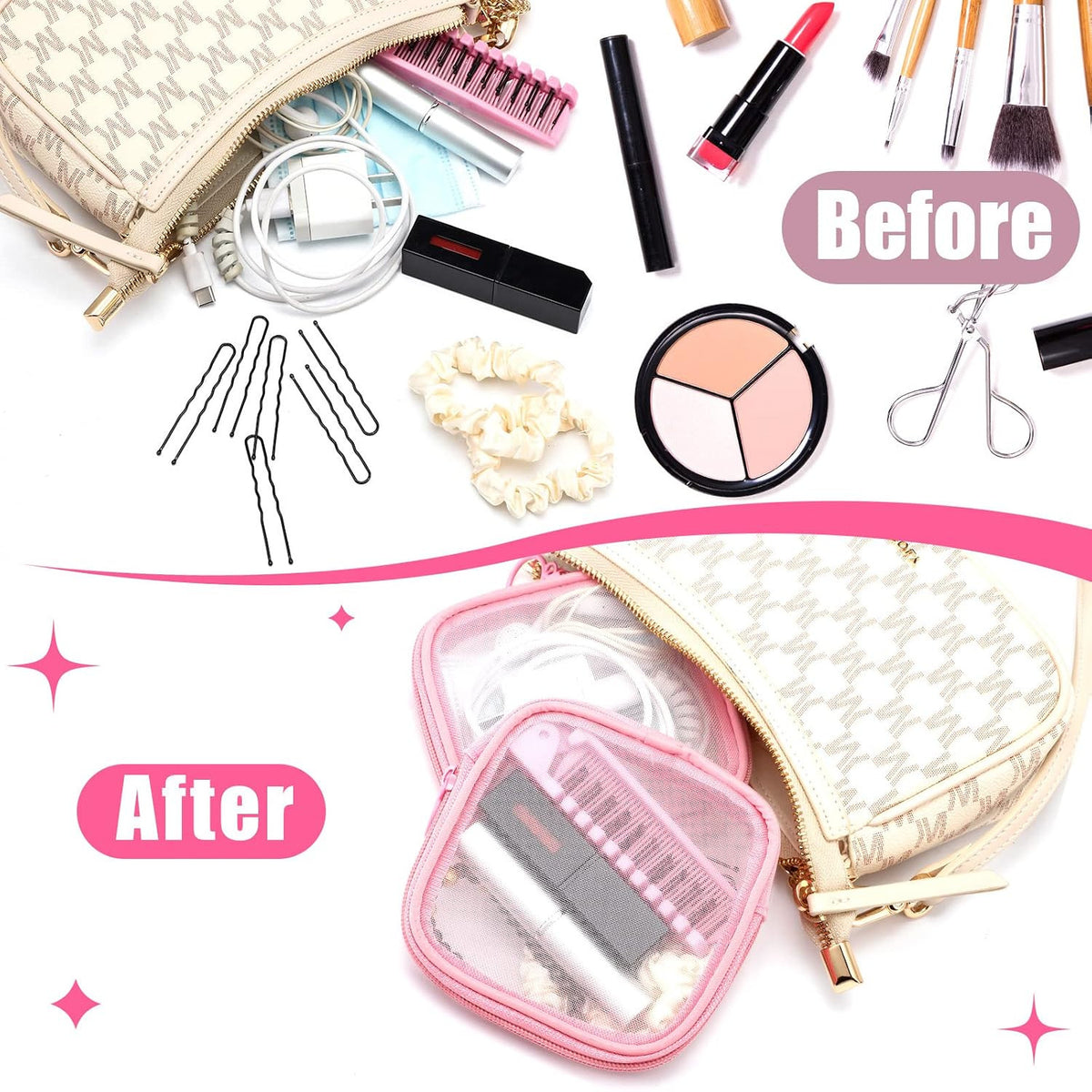 Small Mesh Makeup Bag - Transparent Travel Cosmetic Organizer, Pink