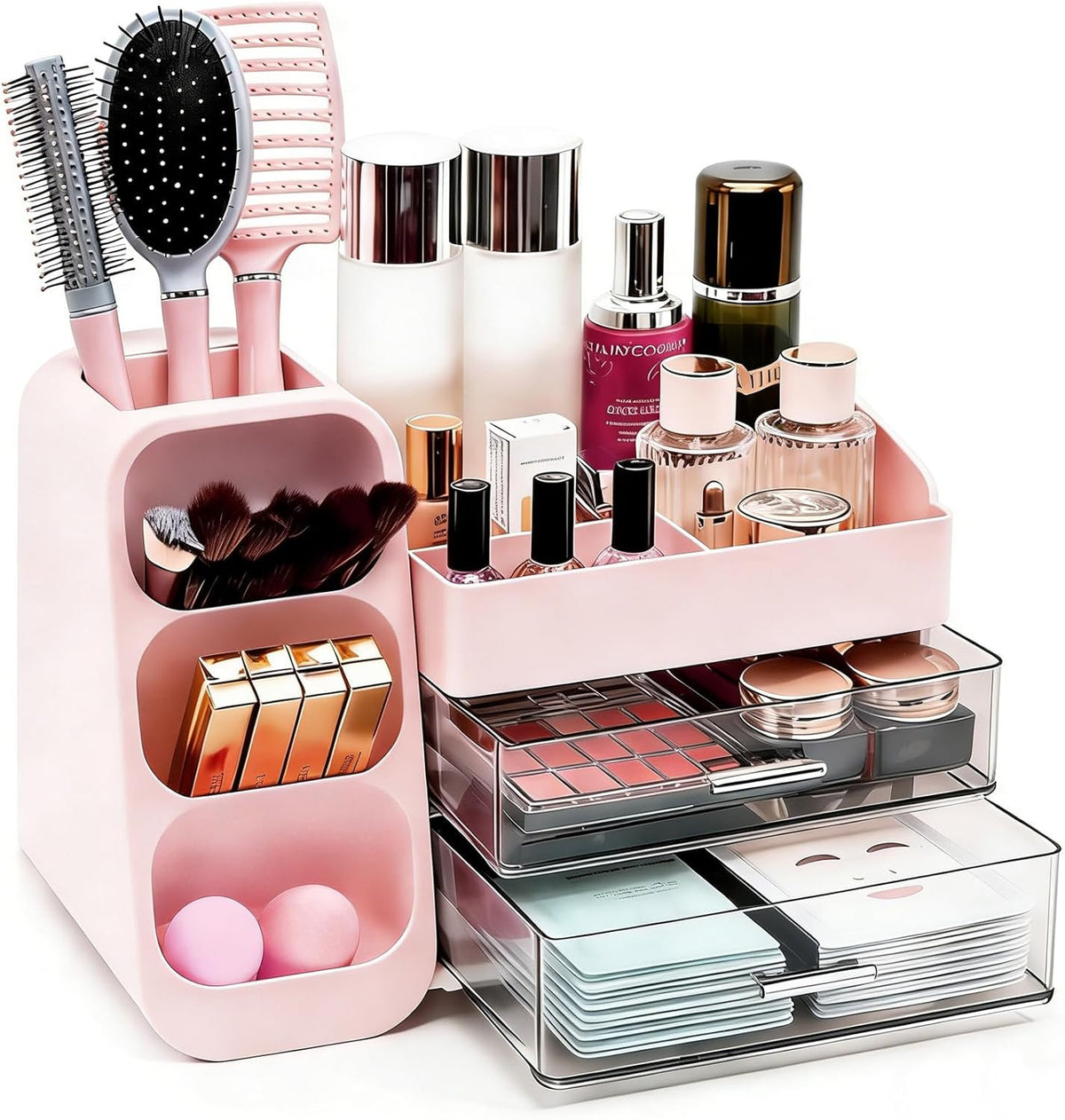 Pink Makeup Organizer with Drawers and Brush Holders for Vanity and Bathroom