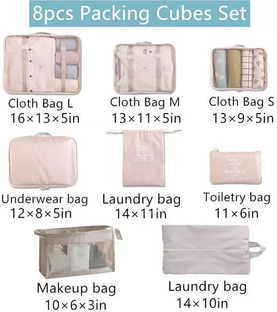 Travel Packing Cubes Set 8 Pieces with Toiletry & Shoe Bags - Beige