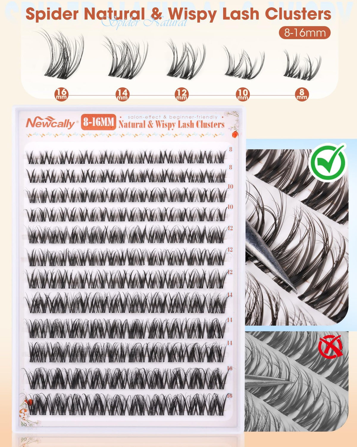 Natural Wispy False Eyelash Clusters with Clear Band - Black, 8-16mm