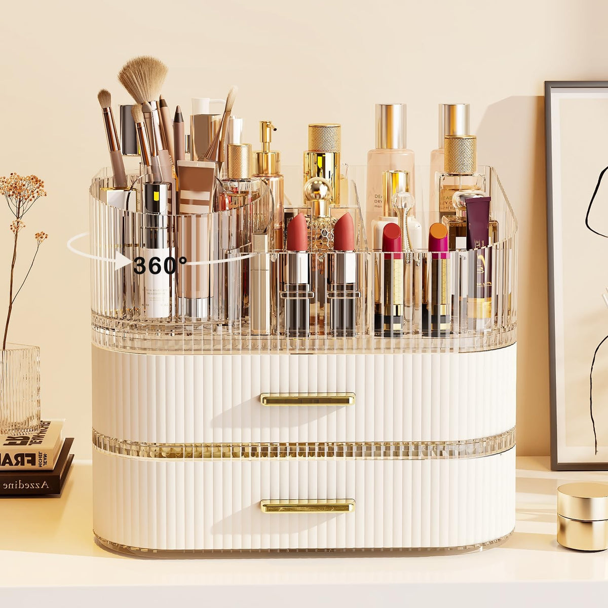 Stackable Makeup Organizer with Rotating Brush Holder and Large Display Case