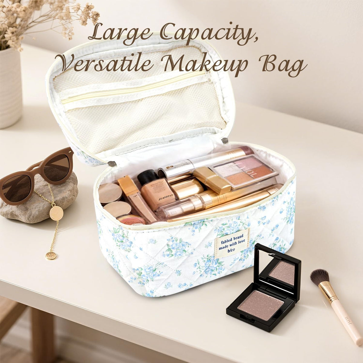 Cotton Quilted Floral Makeup Bag Set – 3Pcs Large Cosmetic Bags for Women