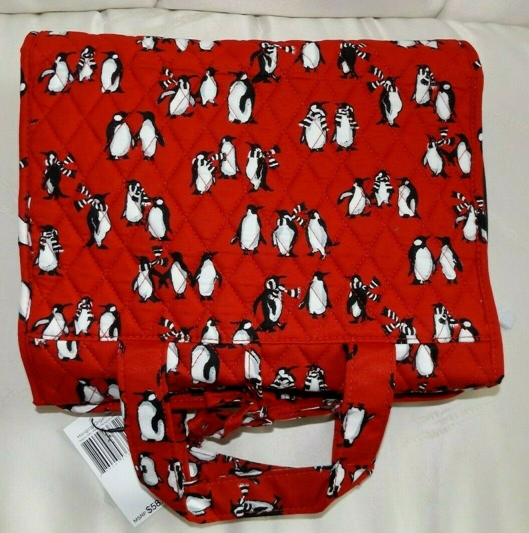 Travel Cosmetic Organizer Bag Hanging Travel Case with Multiple Compartments - Playful Penguins Red