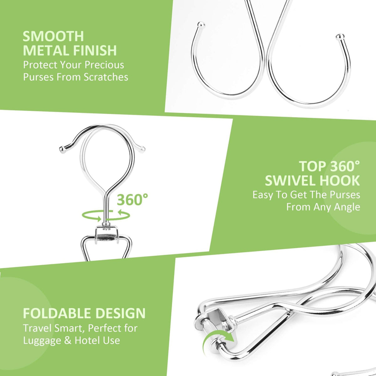 6 Pack Rotatable Purse Hooks for Closet Storage, Metal, Silver